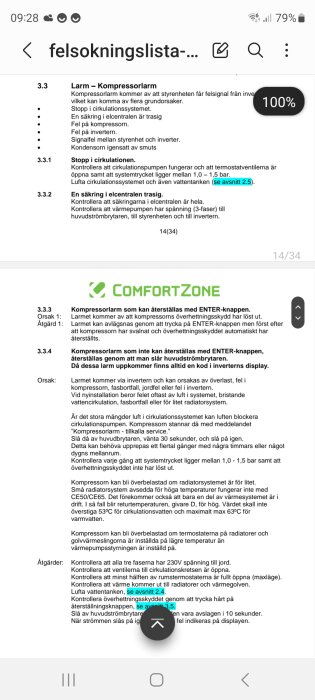 Skärmbild av en felsökningslista för Comfortzone CE65 värmepump med instruktioner om kompressorlarm och möjliga orsaker och åtgärder.