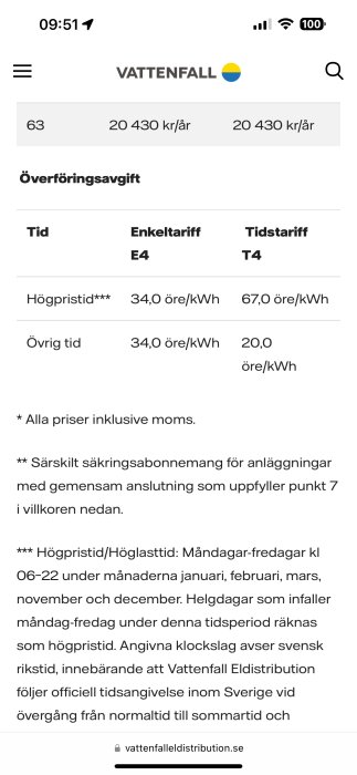 Skärmdump av en Vattenfall-webbsida som visar överföringsavgifter och pristabell för olika eltariffer, inklusive tidstariff och enkeltariff.