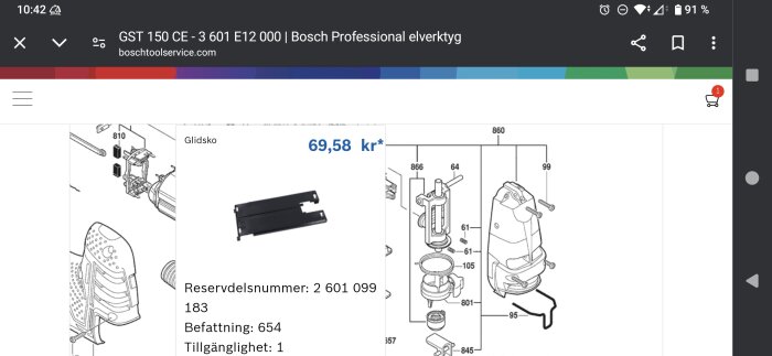 Skärmbild av en reservdelskatalog för Bosch GST 150 CE sticksåg, som visar en glidsko med pris 69,58 kr och dess reservdelsnummer, befatning, samt sprängskiss.