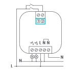 Illustration av DIM-02 kopplingsschema med anslutningar för L, N och TR, för användning med dimmer och impulsfjädrar. Färgade trådar: svart fas och blå neutral.