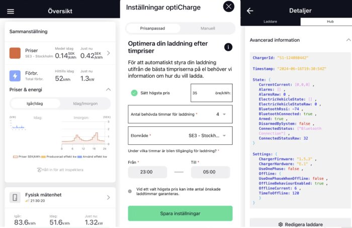 Tre skärmbilder från Amina S app som visar elpriser och förbrukning, inställningar för smart laddning och detaljerad statusinformation för laddaren.