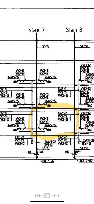 Schema över rörstammar i en lägenhet, markerad del visar köksområdet. Stammarna är numrerade som Stam 7 och Stam 8.