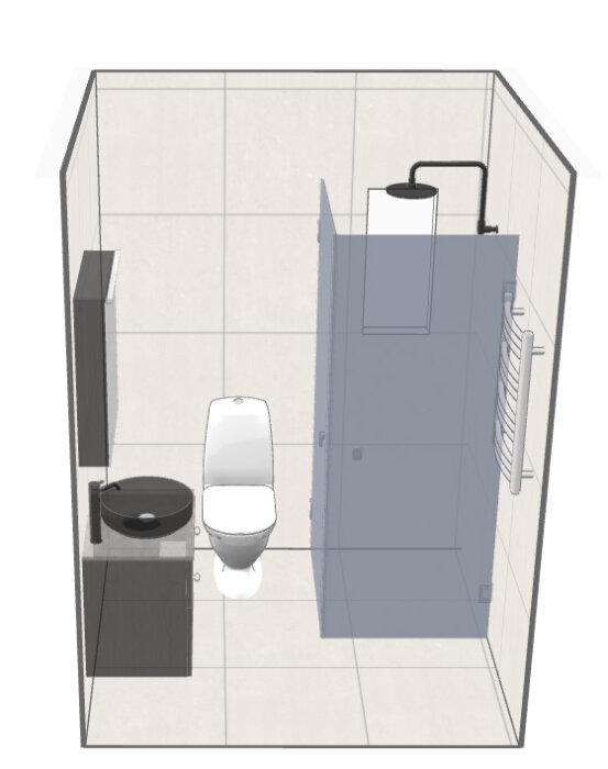 3D-planering av ett badrum med dusch, toalett och handfat. Plattor på golvet och väggarna i ljus färg, med dusch till höger och handfat/vask till vänster.