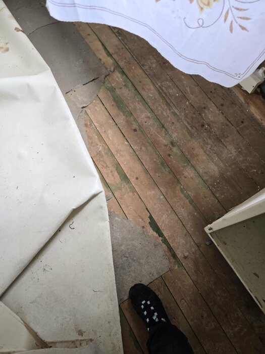 Del av golv med avslitet golvmaterial, delvis blottat betongunderlag och skadat trä med mörka fläckar, samt en fot med svart sko synlig.