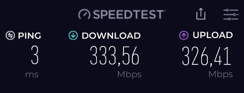 Resultat från en hastighetstest av internetuppkoppling med 3 ms ping, 333,56 Mbps nedladdningshastighet och 326,41 Mbps uppladdningshastighet.