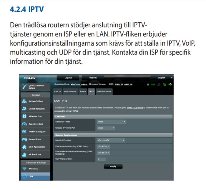 Inställningssida för IPTV-konfiguration på en ASUS-router, med val för ISP-profil, IPTV-STB-port och anpassade applikationsinställningar.