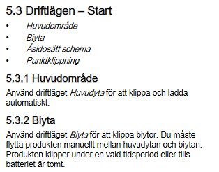 Text som beskriver olika driftslägen, huvudområde och biyta, från en manual för en gräsklippare.