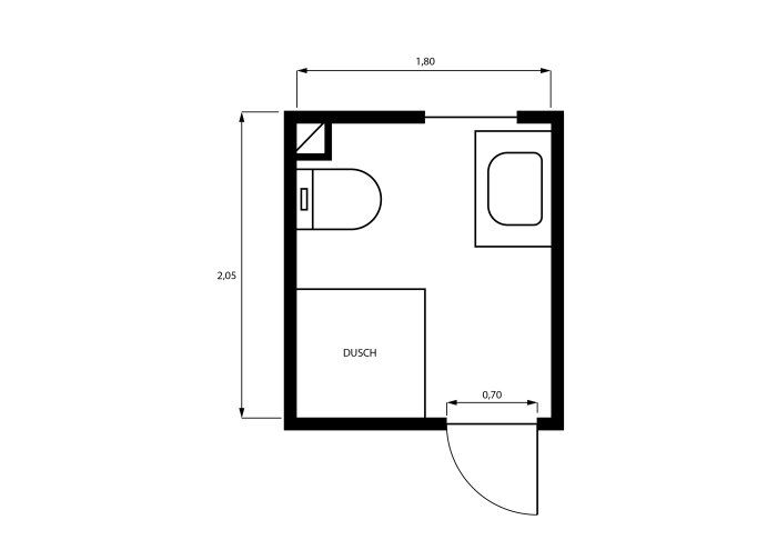 Ritning av badrumsplanlösning med dusch, toalett och handfat; måtten är 2,05 meter i höjd och 1,80 meter i bredd, med dörren placerad längst ner till höger.