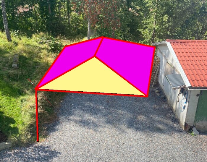 Illustration av en struktur med färgglada takytor som kan likna en carport, placerad på en grusad uppfart bredvid ett hus med rött tak.