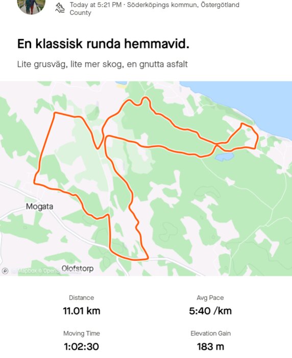 Karta över en löprunda på 11,01 km i Söderköpings kommun med statistik: snittid 5:40/km, totaltid 1:02:30 och höjdstigning 183 m.