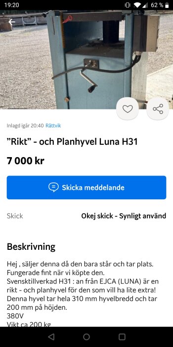 Begagnad rikt- och planhyvel av märket Luna H31 till salu för 7 000 kr. Bilden visar en hyvel i blått metallskal med handtag och sladdar synliga.