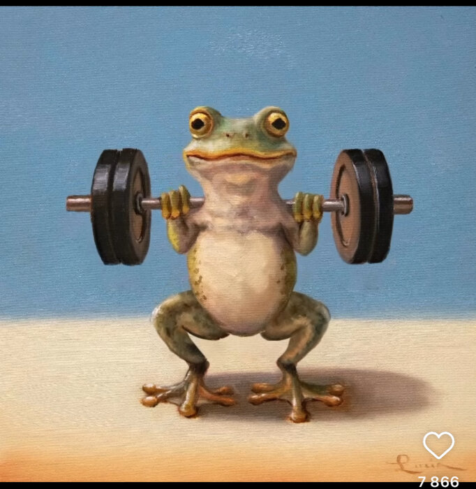 En groda håller en skivstång med vikter och ser ut att vara i färd med att squatta, bakgrund i blått och beige.
