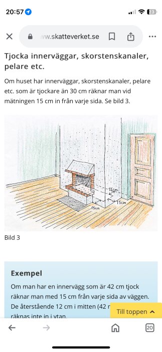 Illustration som visar hur man mäter 15 cm in från varje sida på en innervägg med skorsten, enligt Skatteverkets regler.