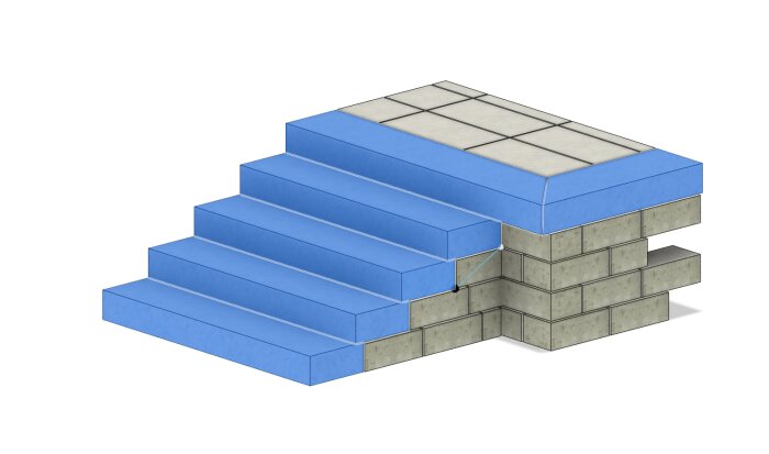 Illustration av en trappa byggd med blåmarkerade steg och lecablock som stödstruktur. Designen inkluderar tre lager av lecablock under stegen.