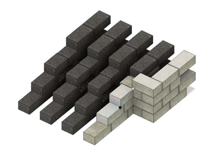 3D-modell som visar designen för en trappa med svarta granitblock ovanpå ljusa lecablock, arrangerade i tre murar.