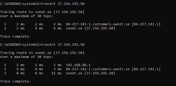 Skärmbild av två "tracert"-tester till adressen sunet.se med IP-adressor och responstider för två olika nätverkskonfigurationer, direkt och via Google Wifi puck.