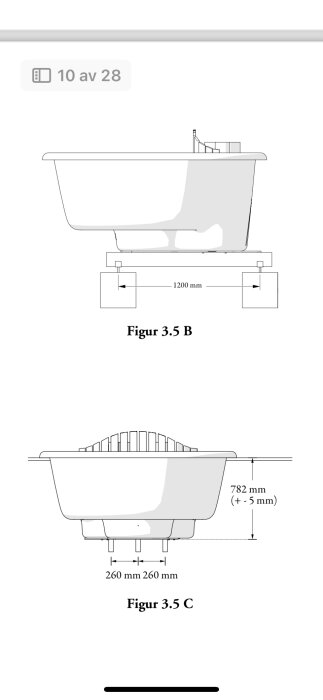 Ritning över vedeldad badtunna i profil och framifrån, visande måtten 1200 mm mellan stöd och 782 mm höjd till toppen, med detaljerade mått för stödben.