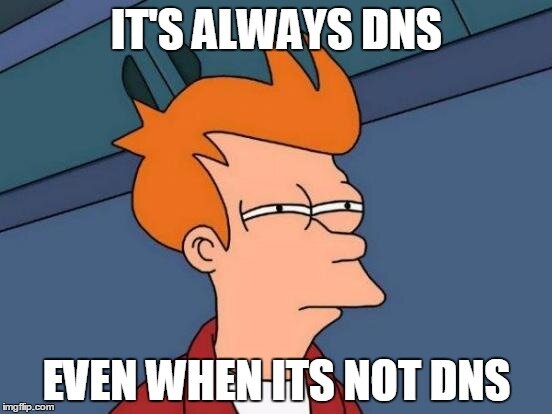 Tecknad karaktär med skeptiskt ansiktsuttryck och text ovanför: "IT'S ALWAYS DNS EVEN WHEN ITS NOT DNS".