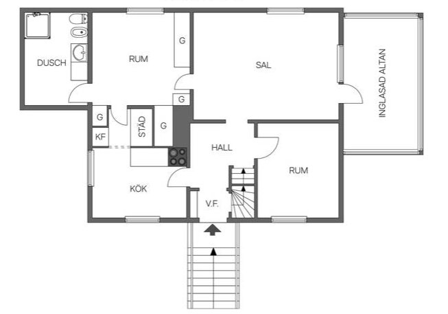 Planlösning av ett hus med markerade rum: kök, hall, två rum, ett vardagsrum (SAL), dusch, städ, och en inglasad altan. Trappor vid entrén (V.F.).