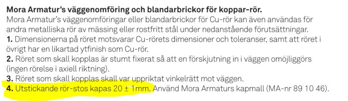 Mora Armatur instruktioner för vägggenomföring och blandarbrickor för kopparrör, med punkt 4 markerad som "Utstickande rör-stos kapas 20 ±1mm".