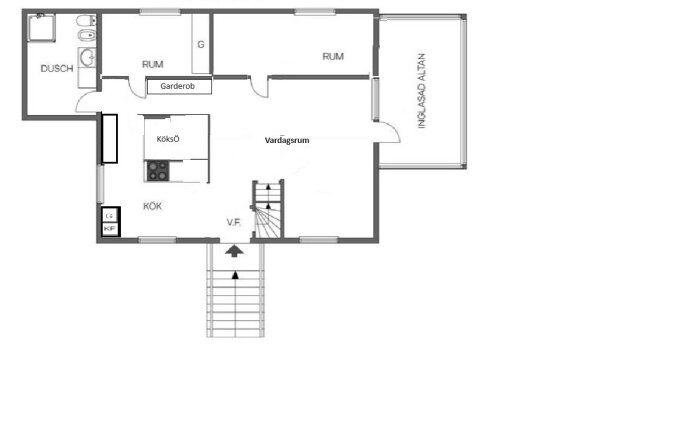 Planlösning av en våning med kök, vardagsrum, två mindre rum, dusch, garderob och inglasad altan. Trappor finns i mitten av planritningen.