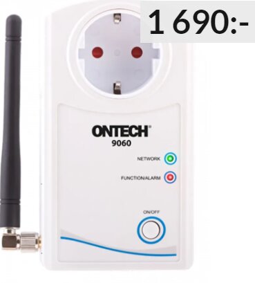 Närbild av ONTECH 9060 enhet med uttag, antenn och indikatorlampor. Priset 1690 SEK visas.