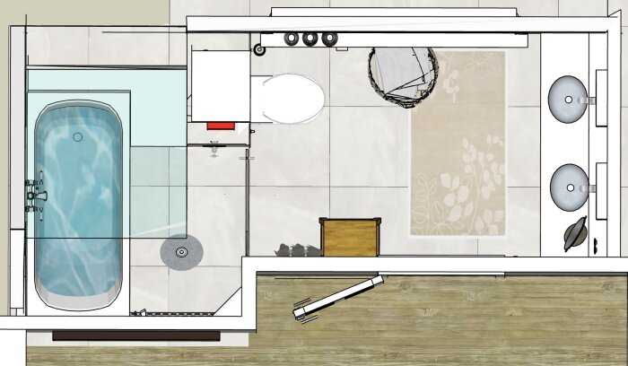 Ritning över badrum som visar badkar under ett snedtak, toalett, dubbla handfat, och duschhörna. Alternativ för placeringsmöjligheter.