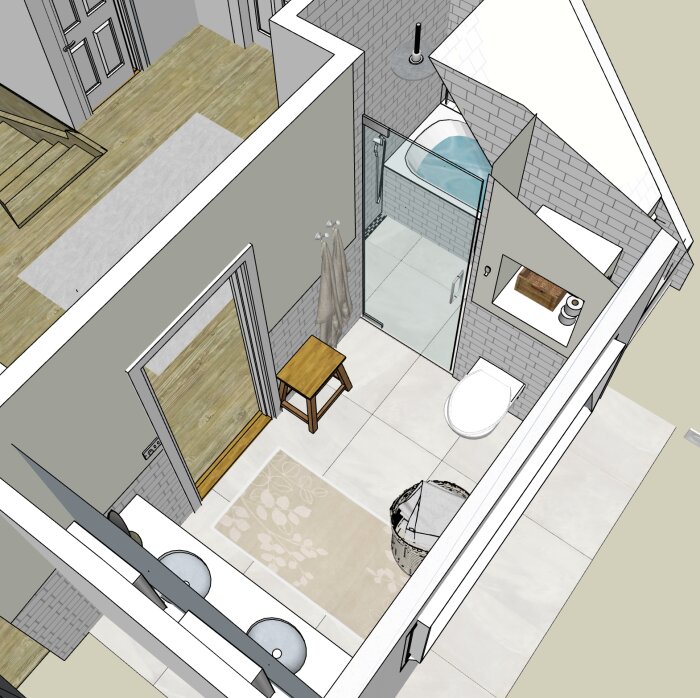 3D-skiss av badrum på övre plan i ett 1,5-planshus med dusch, badkar under snedtak, två handfat, och WC. Trägolv i hallen utanför.