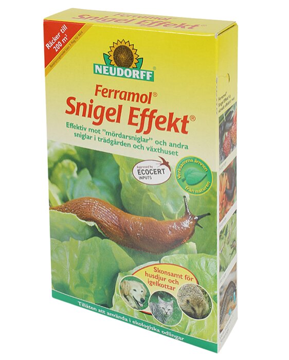 Förpackning av Neudorff Ferramol Snigel Effekt, ett medel mot sniglar i trädgården, skonsamt för husdjur och igelkottar.