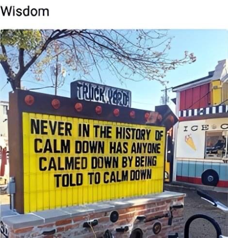 En skylt med texten "NEVER IN THE HISTORY OF CALM DOWN HAS ANYONE CALMED DOWN BY BEING TOLD TO CALM DOWN" mot en bakgrund av träd och en byggnad med en glasskylt.