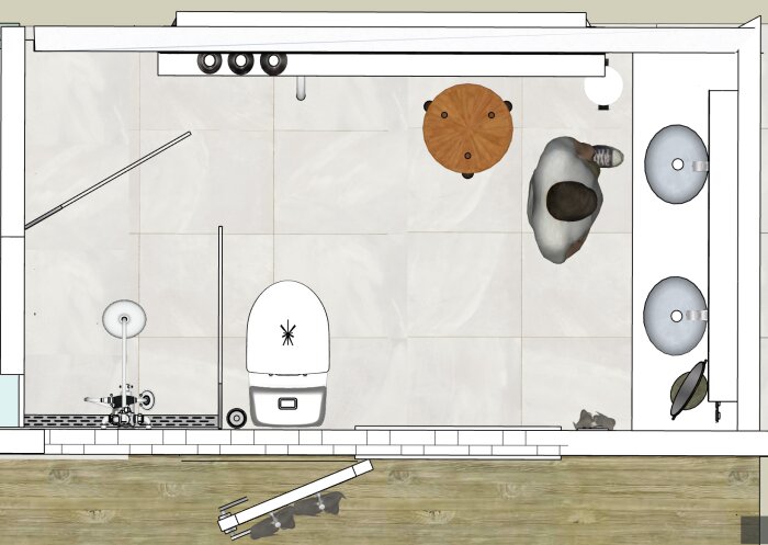 Designskiss av badrum med badkar, två handfat, en dusch och en person som blickar ner på ritningen. Skissen visar layouten av inventarier och golvytan.