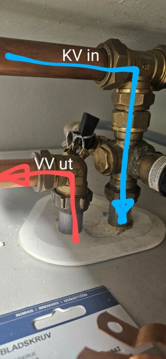 Närbild på röranslutningar, markerade med etiketter: 'KV in' (kallt vatten), 'VV ut' (varmvatten ut), potentiellt problem med blandningsventil på värmepumpinstallation.