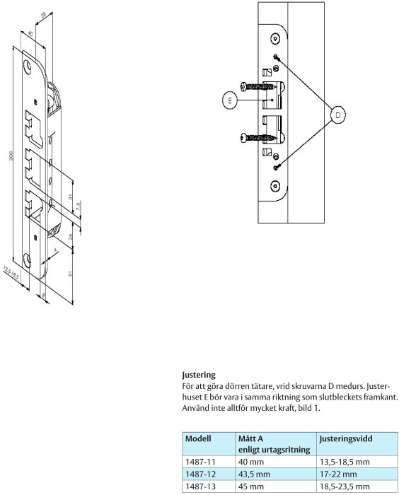 Ritning av slutbleck med mått och justeringsinstruktioner samt tabell för olika justeringsmått beroende på modell 1487-11, 1487-12 och 1487-13.