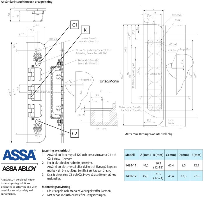 Teknisk ritning och användarinstruktion för justering av ASSA ABLOY slutbleck med modellnummer och måttspecifikationer.