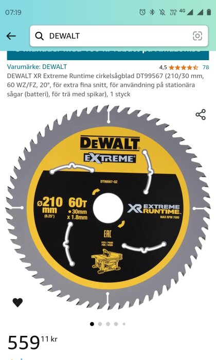 Dewalt XR Extreme Runtime cirkelsågblad DT99567 210/30 mm, 60WZ/FZ, 20°, för stationära sågar och trä med spikar, pris 559,11 kr.