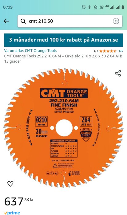 Cirkelsågblad från CMT Orange Tools, modell 292.210.64M, 210 mm med 2,8 tjocklek och rekommenderad för olika trätyper.