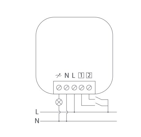 Skiss av elektrisk installation för Plejd DIM-01 med anslutningar för L, N, och två ledningar markerade för identifiering.