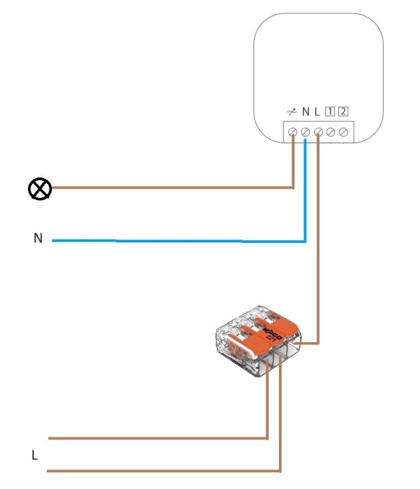 Diagram som visar kopplingsschema för Plejd DIM-01 ed dimmer och trepolig WAGO-koppling. Blå nolla anslutning till “N”, brun tändtråd anslutning till “T”.