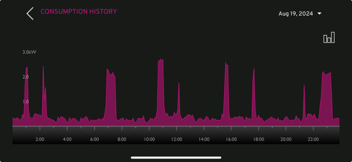 Graf över elförbrukning den 19 augusti 2024, visar tydliga toppar under dagen med högst förbrukning på cirka 2,5 kW vid specifika tidpunkter.