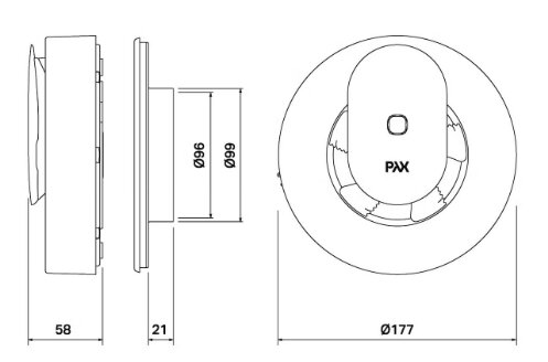 Måttskiss av PAX Calima med ytterdiameter 177 mm och diameter på stosen 100 mm, sida och överhead vy visad med mått i millimeter.