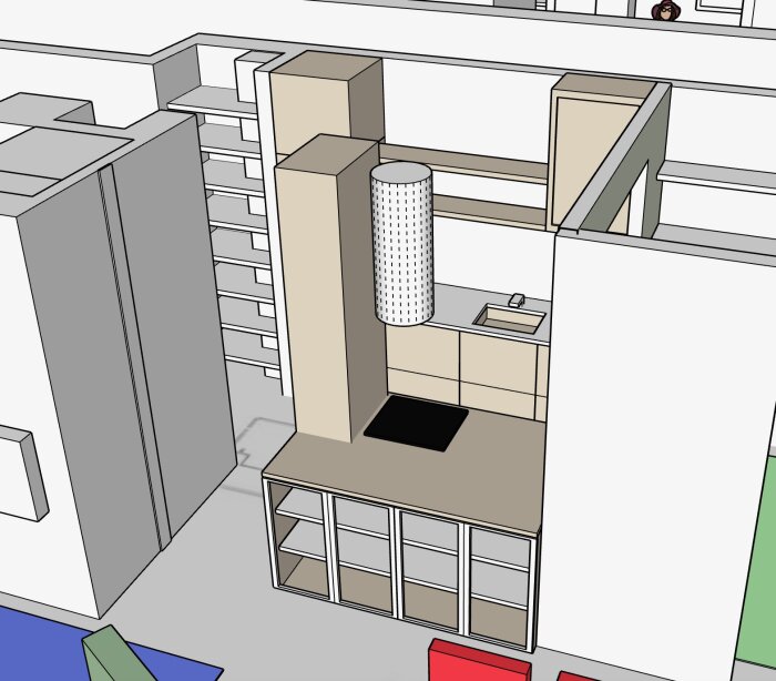 3D-modell av ett kök med spis, diskho och fläkt, innesluten mellan två väggar och hyllor i bakgrunden.