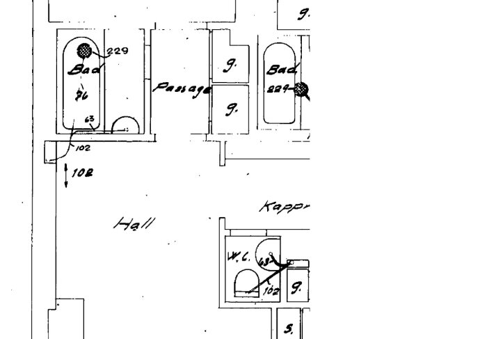 Ritning av en lägenhet från 1937 med markeringar: två badrum ("Bad") och en separat toalett (W.C.), korridorer (Passage) och entréhall (Hall).