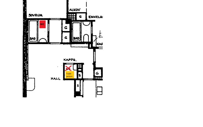 Planskiss av en lägenhet med markerade områden för befintlig WC som flyttas till en ny plats och ersätts med en tvättpelare (tvättmaskin och torktumlare).