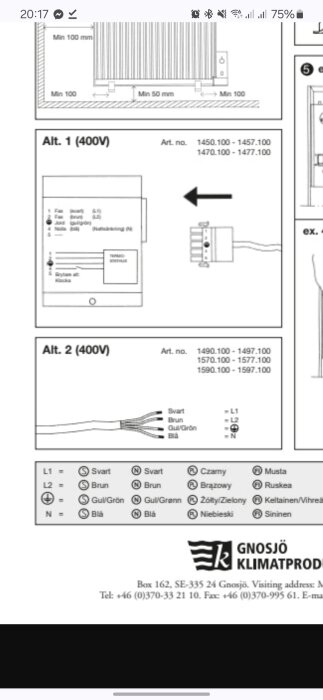 Schema och kopplingsinstruktioner för 400V-element med olika anslutningsmetoder, inklusive kabelfärger för faser (svart, brun) och jordningsanvisningar.