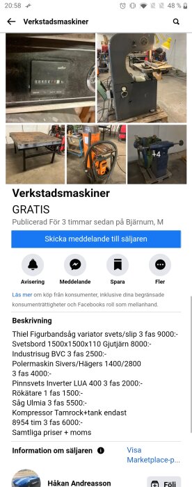 En Ulmia sågningsmaskin tillsammans med andra verkstadsmaskiner som svetsbord, polermaskin och kompressor i ett verkstadsutrymme.