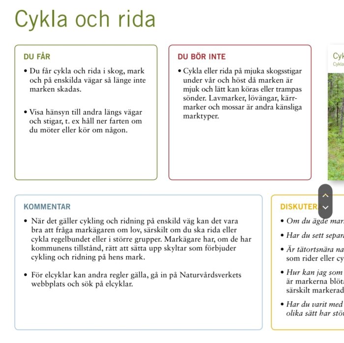 Informationsblad om cykling och ridning under allemansrätten från Naturvårdsverket, med sektioner för vad som är tillåtet och inte tillåtet, kommentarer och diskussionsfrågor.