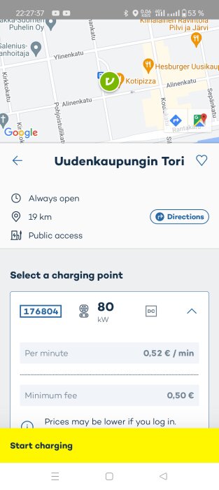 Bild av en karta med Uudenkaupungin Tori som markerad plats och detaljer för en laddningsstation som visar 0,52 €/min och minimum avgift på 0,50 €.