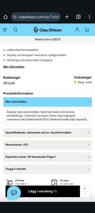 Produktsida för bordstelefonen Doro 312CS på Clas Ohlsons webbplats som levereras med RJ11-sladd.