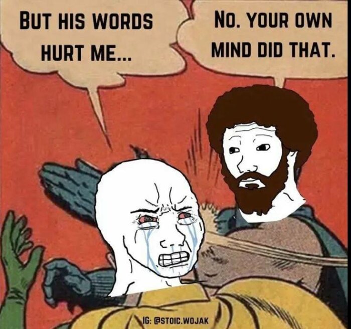 Cartoon meme with crying character saying "But his words hurt me..." and another character replying "No. Your own mind did that.