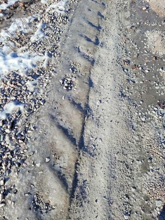 En grusväg med spårmarkeringar som är slitna och skadade, omgiven av småsten och snöfläckar.